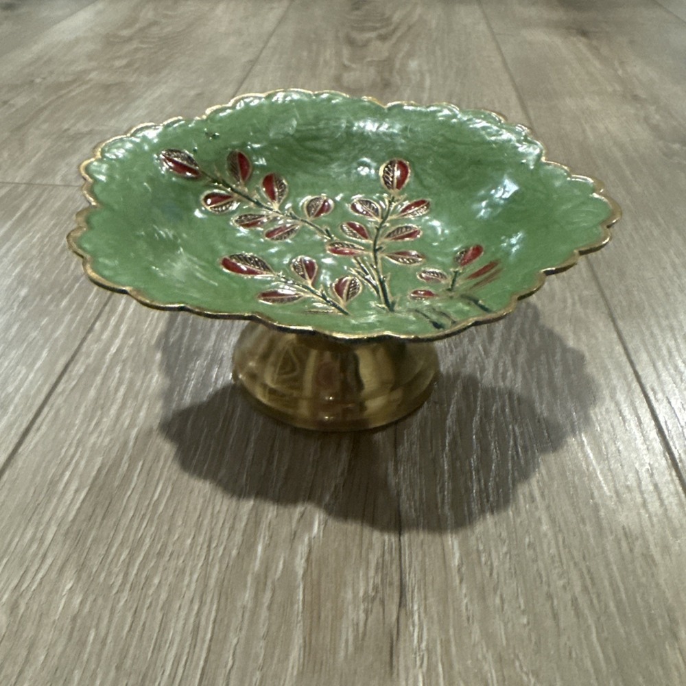Vintage Brass â Enameled Souvenir Trinket Bowl Foot Green Red Flowers